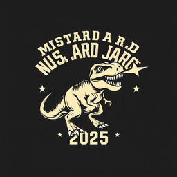A vintage varsity-style graphic design featuring a dynamic T-Rex with a star shooting out of its mouth, set against a rich black background