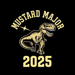 A vintage varsity-style graphic design featuring a dynamic T-Rex with a star shooting out of its mouth, set against a rich black background