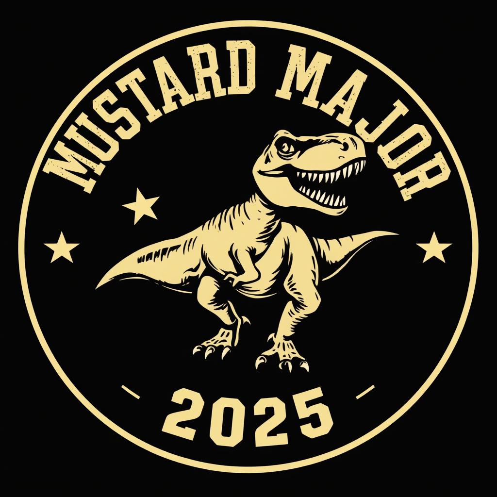 A vintage varsity-style graphic design featuring a dynamic T-Rex with a star shooting out of its mouth, set against a rich black background
