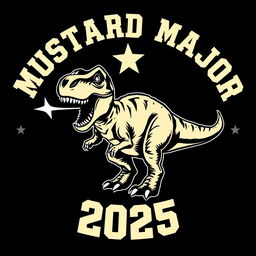 A vintage varsity-style graphic design featuring a dynamic T-Rex with a star shooting out of its mouth, set against a rich black background