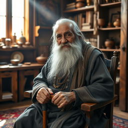 A wise old man with a long gray beard, wearing traditional ethnic clothing, sitting on a wooden chair with a cane in his hand