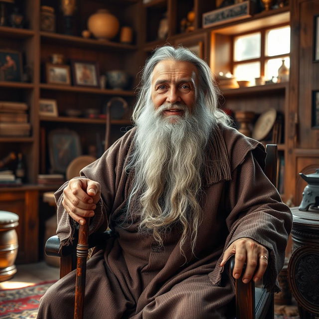 A wise old man with a long gray beard, wearing traditional ethnic clothing, sitting on a wooden chair with a cane in his hand