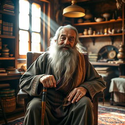 A wise old man with a long gray beard, wearing traditional ethnic clothing, sitting on a wooden chair with a cane in his hand