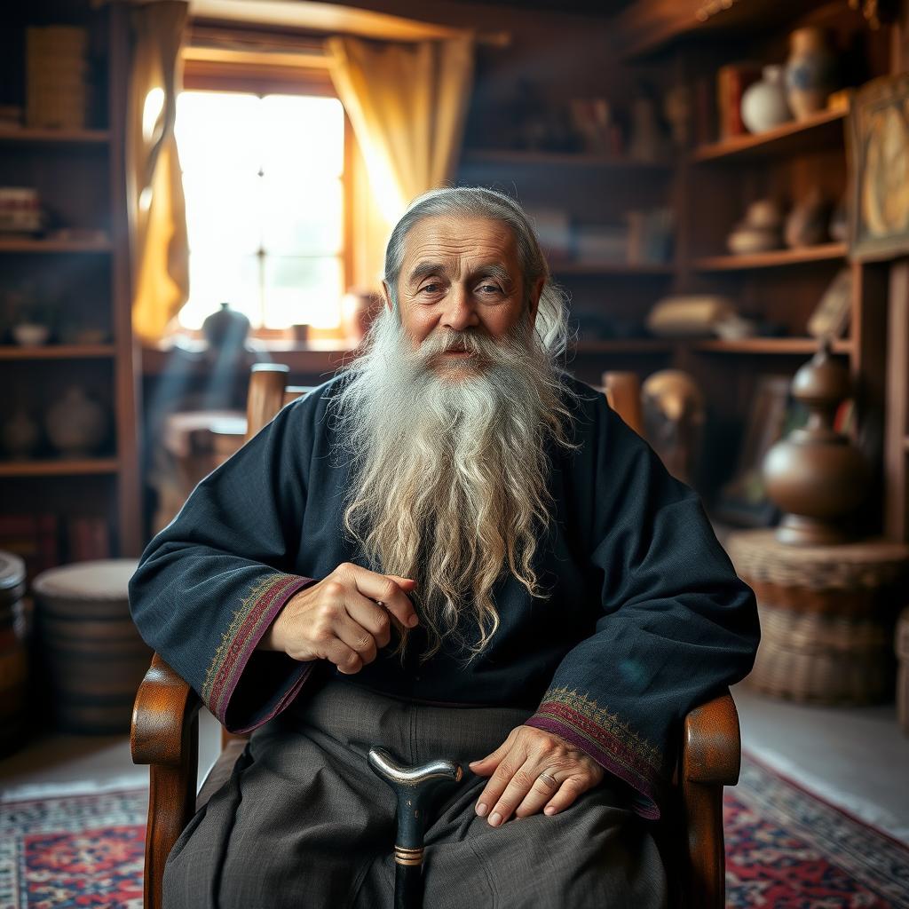 A wise old man with a long gray beard, wearing traditional ethnic clothing, sitting on a wooden chair with a cane in his hand