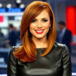 A stunning ginger news anchor woman with a perfect voluminous big hair style, featuring a big straight long sharp bob haircut with a side part