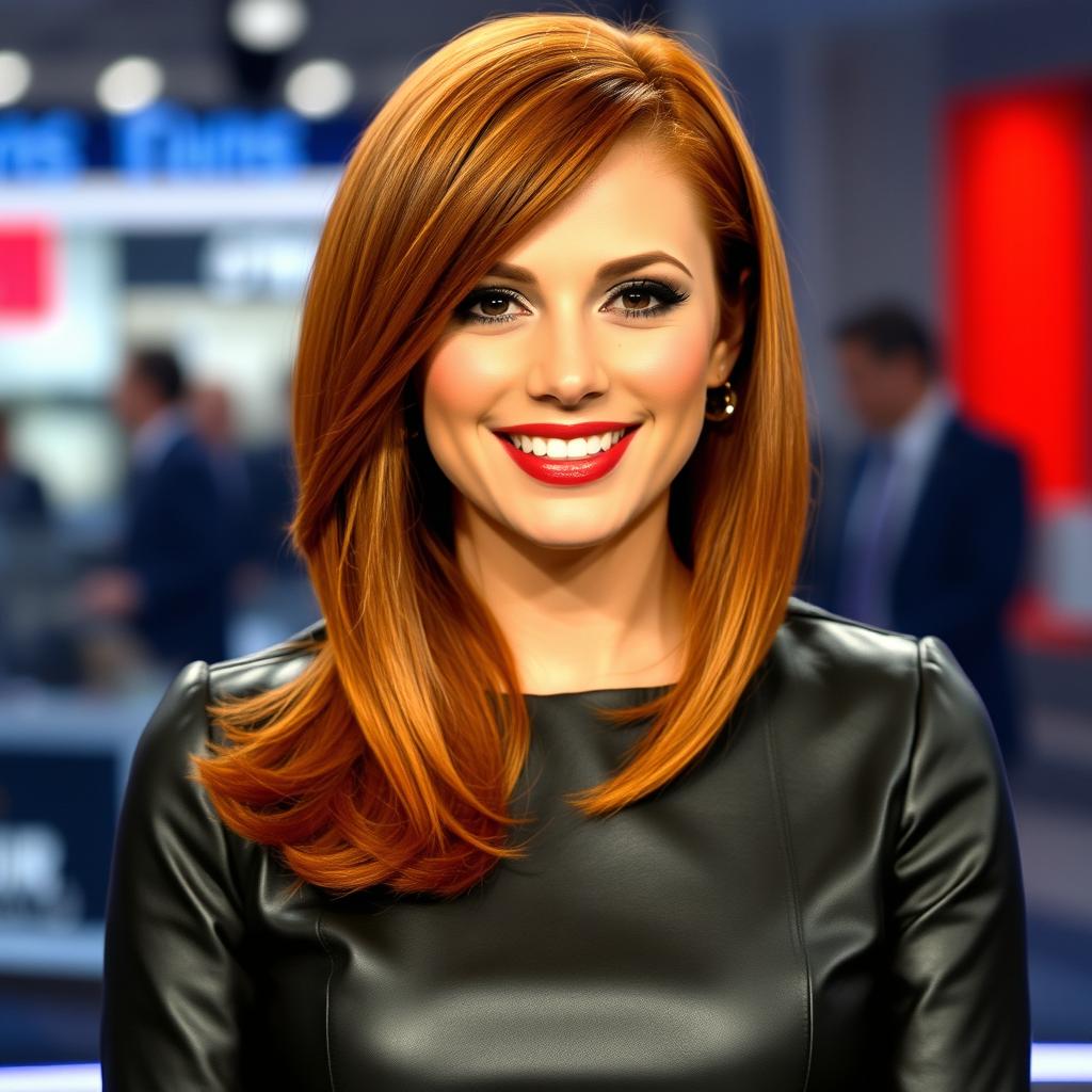 A stunning ginger news anchor woman with a perfect voluminous big hair style, featuring a big straight long sharp bob haircut with a side part
