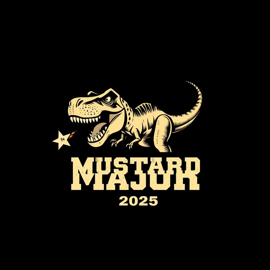 A vintage varsity-style graphic design featuring a fierce T-Rex with a star dramatically shooting out of its mouth, all set against a striking black background