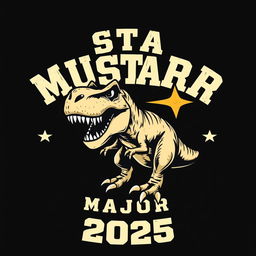 A vintage varsity-style graphic design featuring a fierce T-Rex with a star dramatically shooting out of its mouth, all set against a striking black background