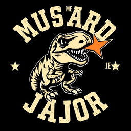 A vintage varsity-style graphic design featuring a fierce T-Rex with a star dramatically shooting out of its mouth, all set against a striking black background