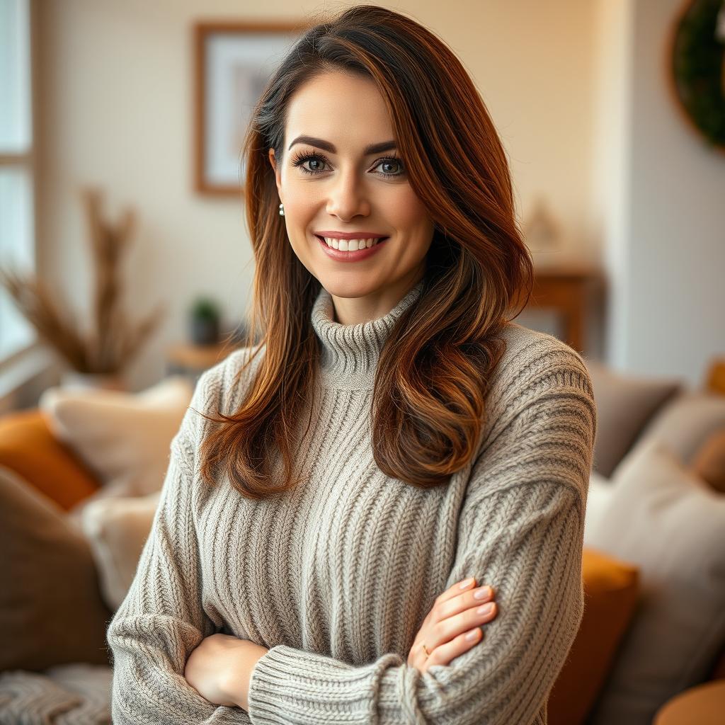 A woman aged 30 to 45, showcasing chestnut brown hair and a distinct European look, elegantly dressed in a cozy sweater