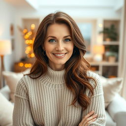 A woman aged 30 to 45, showcasing chestnut brown hair and a distinct European look, elegantly dressed in a cozy sweater