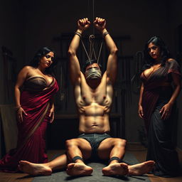 An intense interrogation room scene featuring two stunning and curvy women, dressed in seductive sarees that highlight their voluptuous figures with prominent cleavage and wide hips