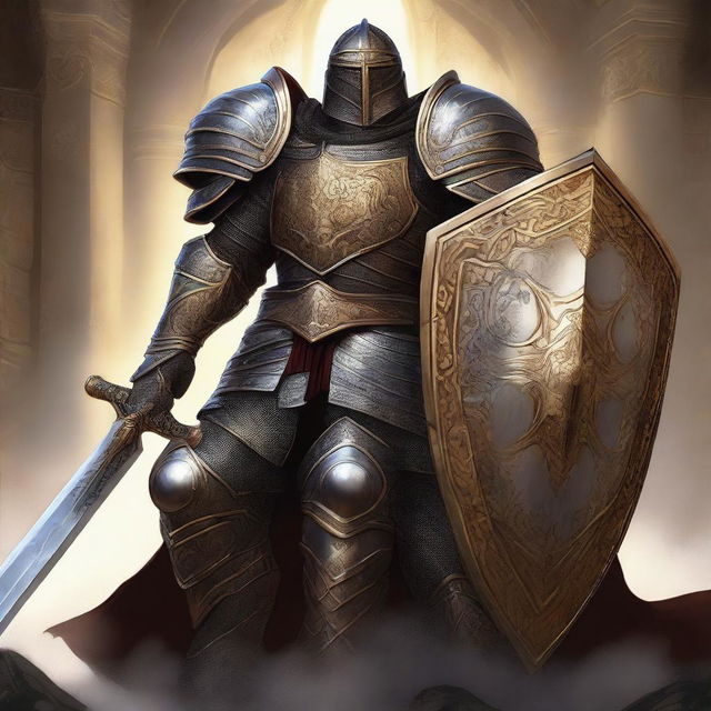 A high-quality digital art piece showcasing a paladin in full battle gear