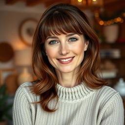 A woman aged 30 to 45, featuring beautiful chestnut brown hair and a classic European look, dressed in a chic and comfortable sweater