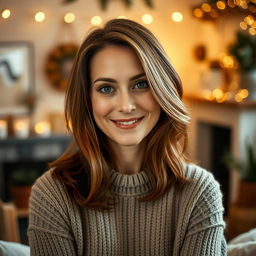 A woman aged 30 to 45, featuring beautiful chestnut brown hair and a classic European look, dressed in a chic and comfortable sweater