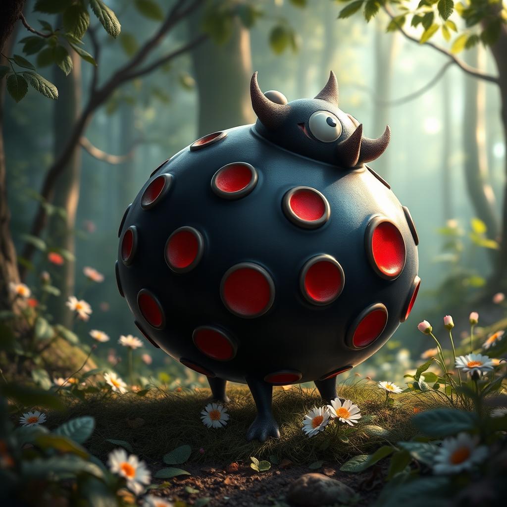 An imaginative depiction of a fantastical creature shaped like an oversized blueberry, yet significantly larger than its real-life counterpart