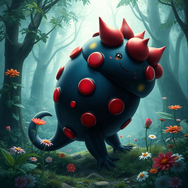 An imaginative depiction of a fantastical creature shaped like an oversized blueberry, yet significantly larger than its real-life counterpart