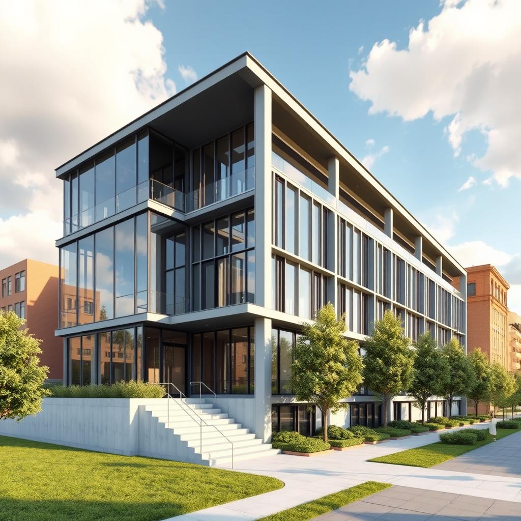 A side view 3D rendering of a modern architectural building, showcasing intricate details of its structure, large glass windows, and a sleek, contemporary design