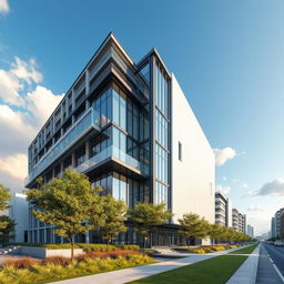 A side view 3D rendering of a modern architectural building, showcasing intricate details of its structure, large glass windows, and a sleek, contemporary design