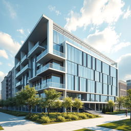 A side view 3D rendering of a modern architectural building, showcasing intricate details of its structure, large glass windows, and a sleek, contemporary design