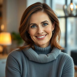 A woman aged 30 to 45, featuring chestnut brown hair and a refined European appearance, is dressed in a stylish and comfortable sweater
