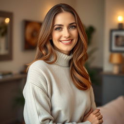 A woman aged 30 to 45, featuring chestnut brown hair and a refined European appearance, is dressed in a stylish and comfortable sweater
