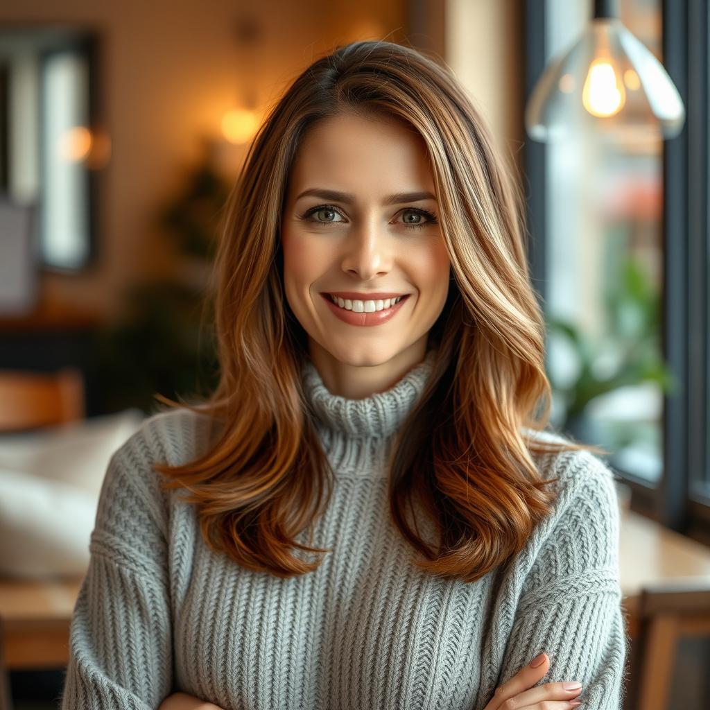 A woman aged 30 to 45, featuring chestnut brown hair and a refined European appearance, is dressed in a stylish and comfortable sweater