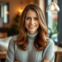 A woman aged 30 to 45, featuring chestnut brown hair and a refined European appearance, is dressed in a stylish and comfortable sweater