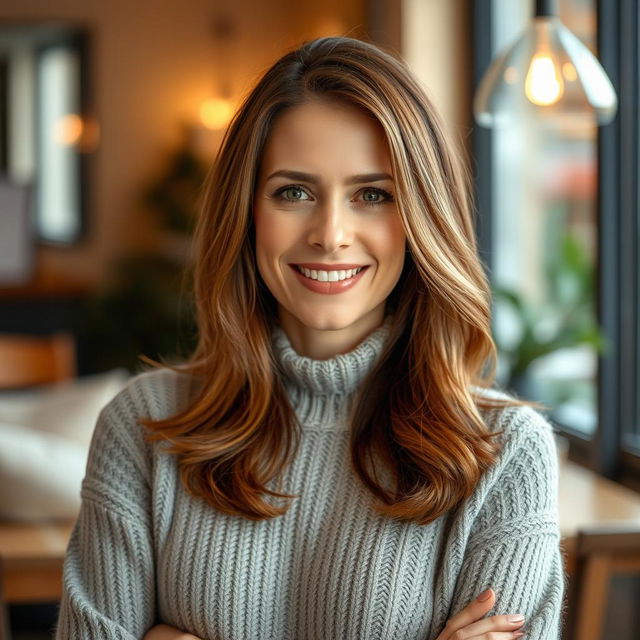 A woman aged 30 to 45, featuring chestnut brown hair and a refined European appearance, is dressed in a stylish and comfortable sweater
