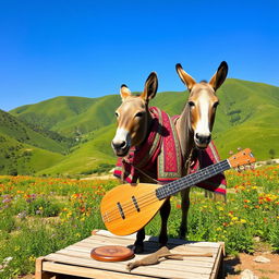 An elderly donkey standing gracefully in a picturesque Iranian landscape, adorned with colorful traditional Persian textiles