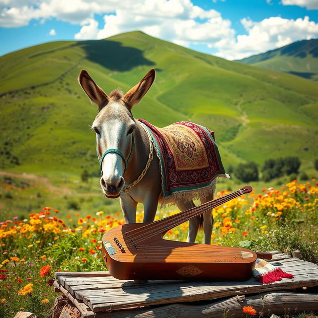 An elderly donkey standing gracefully in a picturesque Iranian landscape, adorned with colorful traditional Persian textiles