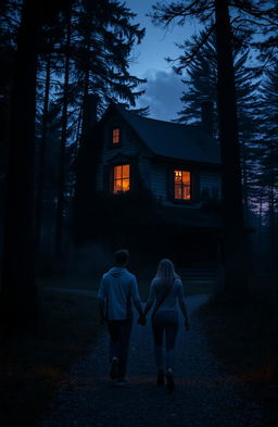 Two friends walking towards an old, mysterious house in the woods during twilight