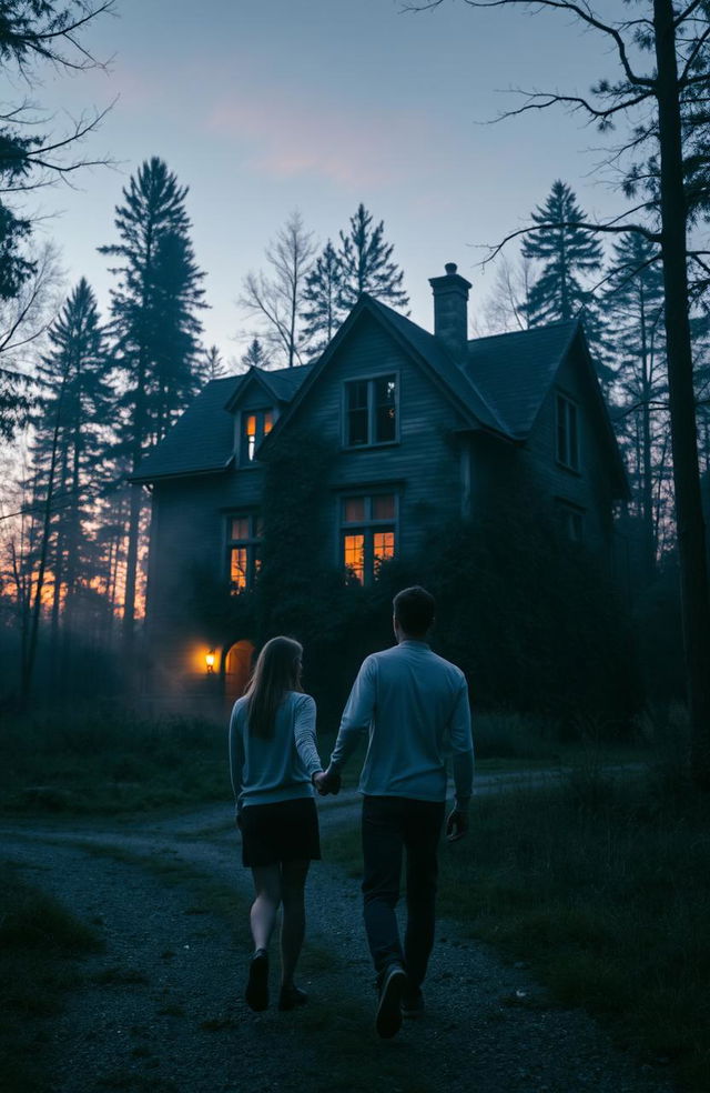 Two friends walking towards an old, mysterious house in the woods during twilight