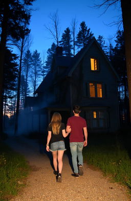 Two friends walking towards an old, mysterious house in the woods during twilight
