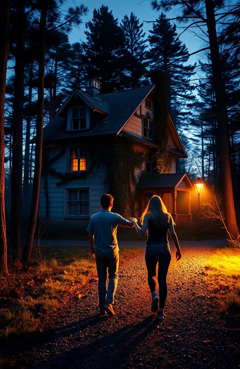 Two friends walking towards an old, mysterious house in the woods during twilight