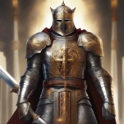 A high-quality digital art image of a holy crusader paladin in full regalia