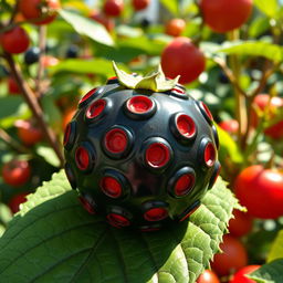 An artistic representation of a unique berry resembling a blueberry but significantly larger in size