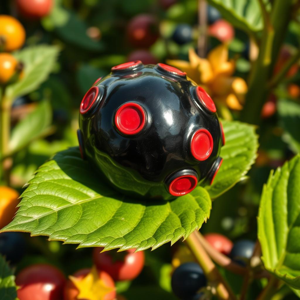 An artistic representation of a unique berry resembling a blueberry but significantly larger in size