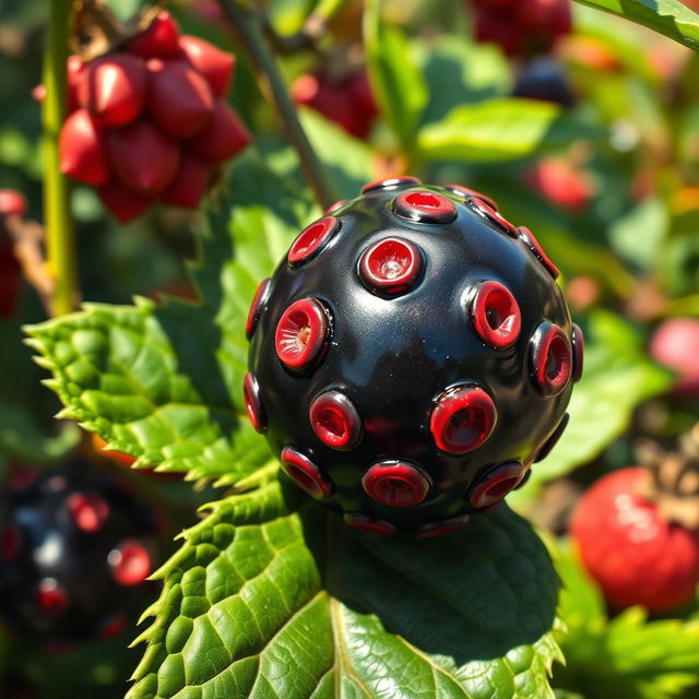 An artistic representation of a unique berry resembling a blueberry but significantly larger in size