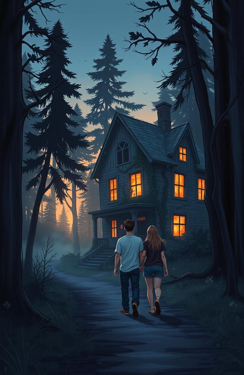 An illustration for a Wattpad cover depicting two friends walking towards a mysterious old house in the forest during dusk