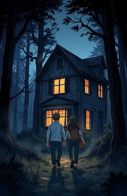 An illustration for a Wattpad cover depicting two friends walking towards a mysterious old house in the forest during dusk