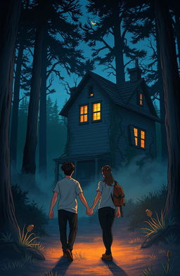 An illustration for a Wattpad cover depicting two friends walking towards a mysterious old house in the forest during dusk