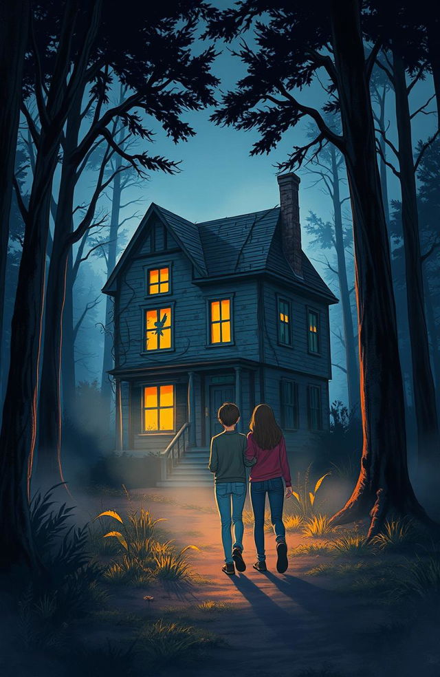 An illustration for a Wattpad cover depicting two friends walking towards a mysterious old house in the forest during dusk