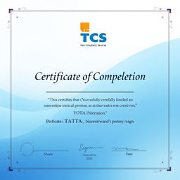 A professional internship certificate design featuring the logo of TCS (Tata Consultancy Services) prominently displayed at the top