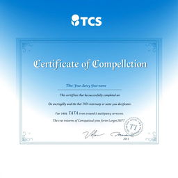 A professional internship certificate design featuring the logo of TCS (Tata Consultancy Services) prominently displayed at the top