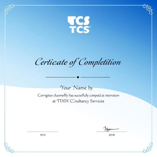 A professional internship certificate design featuring the logo of TCS (Tata Consultancy Services) prominently displayed at the top