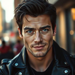 A portrait of a handsome man with strong jawline and deep blue eyes, wearing a stylish black leather jacket