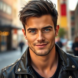 A portrait of a handsome man with strong jawline and deep blue eyes, wearing a stylish black leather jacket