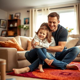 A warm and loving scene depicting two parents embracing their child in a cozy living room