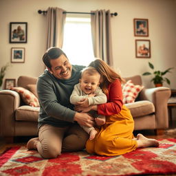 A warm and loving scene depicting two parents embracing their child in a cozy living room